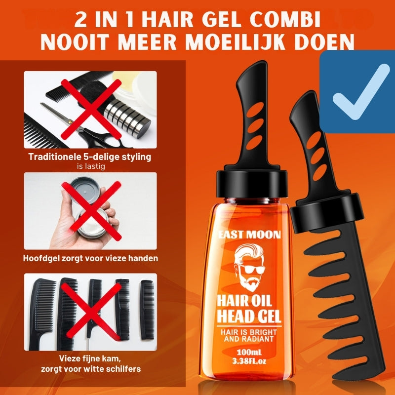 Foto van het flesje Hair Gel met kam en daarnaast de problemen die je anders hebt als je geen Hair Gel gebruikt, zoals vieze handen en een vieze kam.