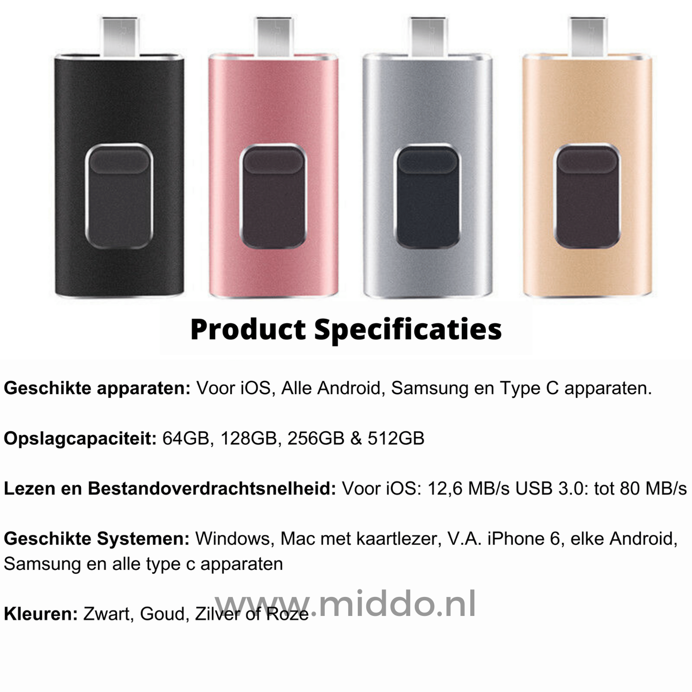 Verschillende 4-in-1 flashdrives met productspecificaties en opslagcapaciteiten