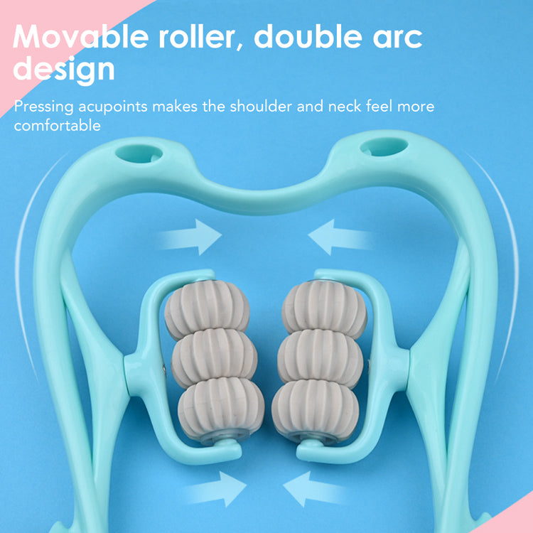 Foto lichtblauwe zes wiel drukpunt nek massager met pijlen hoe de wielen rollen op een blauwe achtergrond.