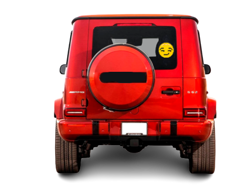 Rode jeep auto met de AutoPixel emoji op het achterraam op een geblokt zwart grijze achtergrond.