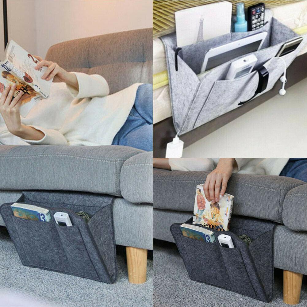 Drie foto's van een vrouw lezend op de bank met een grijze BedCaddy hangend aan de bank met boeken en iPad en afstandsbediening erin.