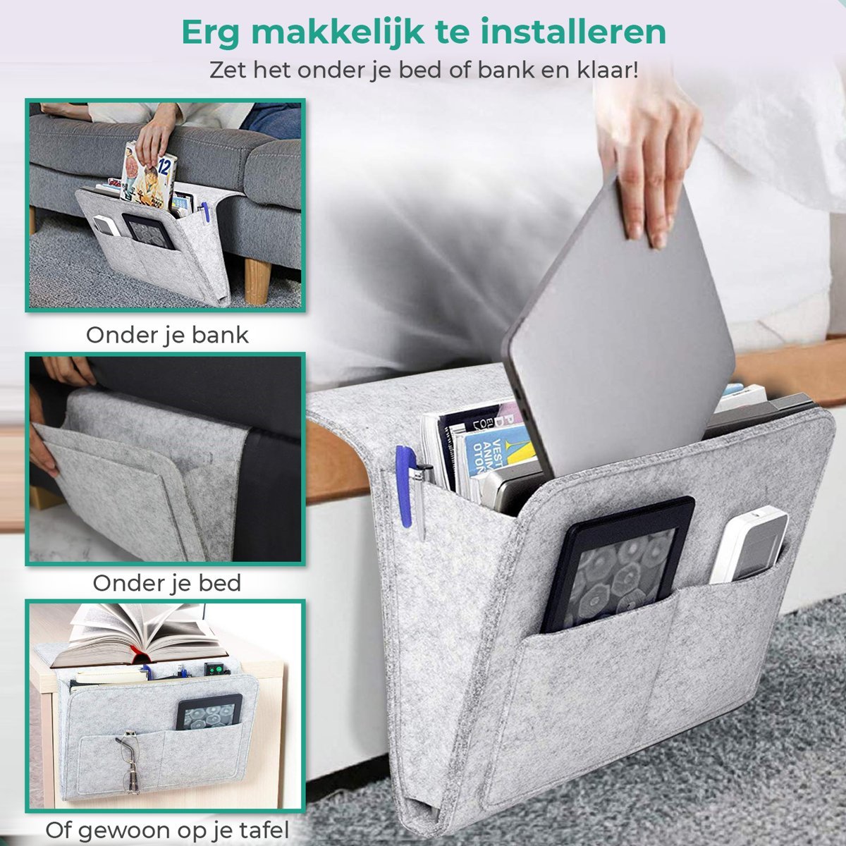 Lichtgrijze BedCaddy hangend aan het bed met ook nog 3 kleine foto's van de BedCaddy hangend aan een bank en nachtkastje.