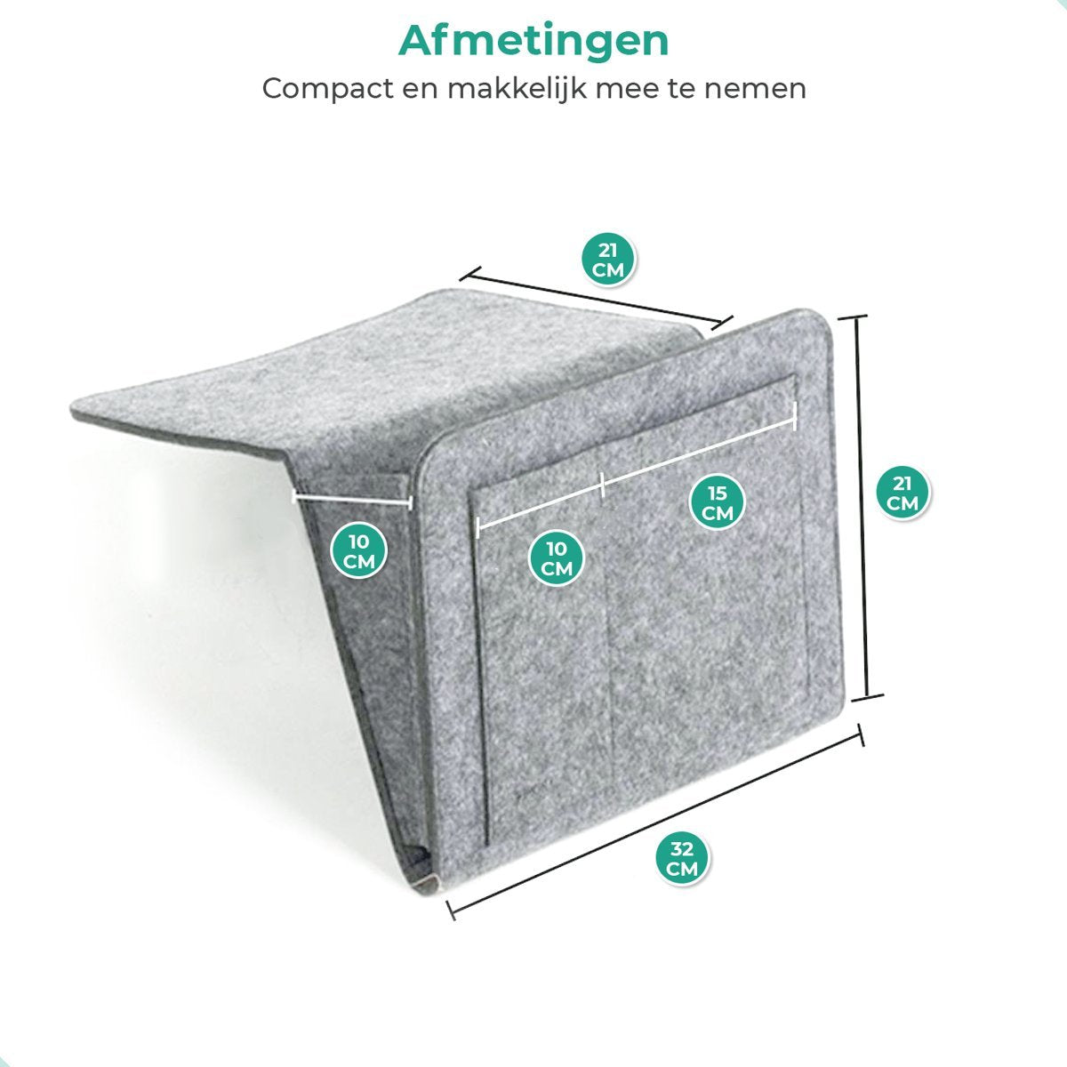 Lichtgrijze bedCaddy met aanduiding van de afmetingen op een witte achtergrond.