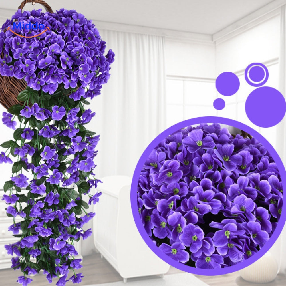 Paarse charmante orchideeën hangend in mand en in een bol
