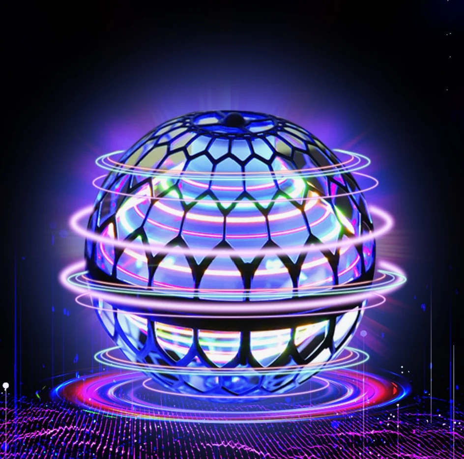 Blauwe lichtgevende Flynova boemerang bal met kleurrijke patronen