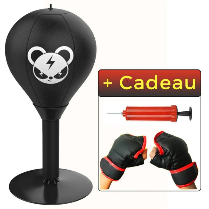 Zwarte boksbal met beer afbeelding  en cadeau pomp en handschoenen