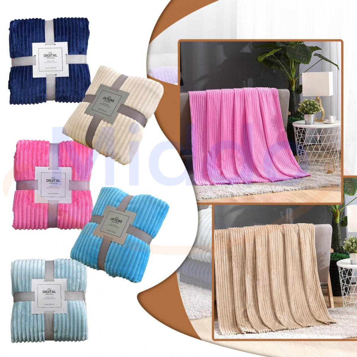 Verschillende kleuren fluwelen fleece dekens op een display