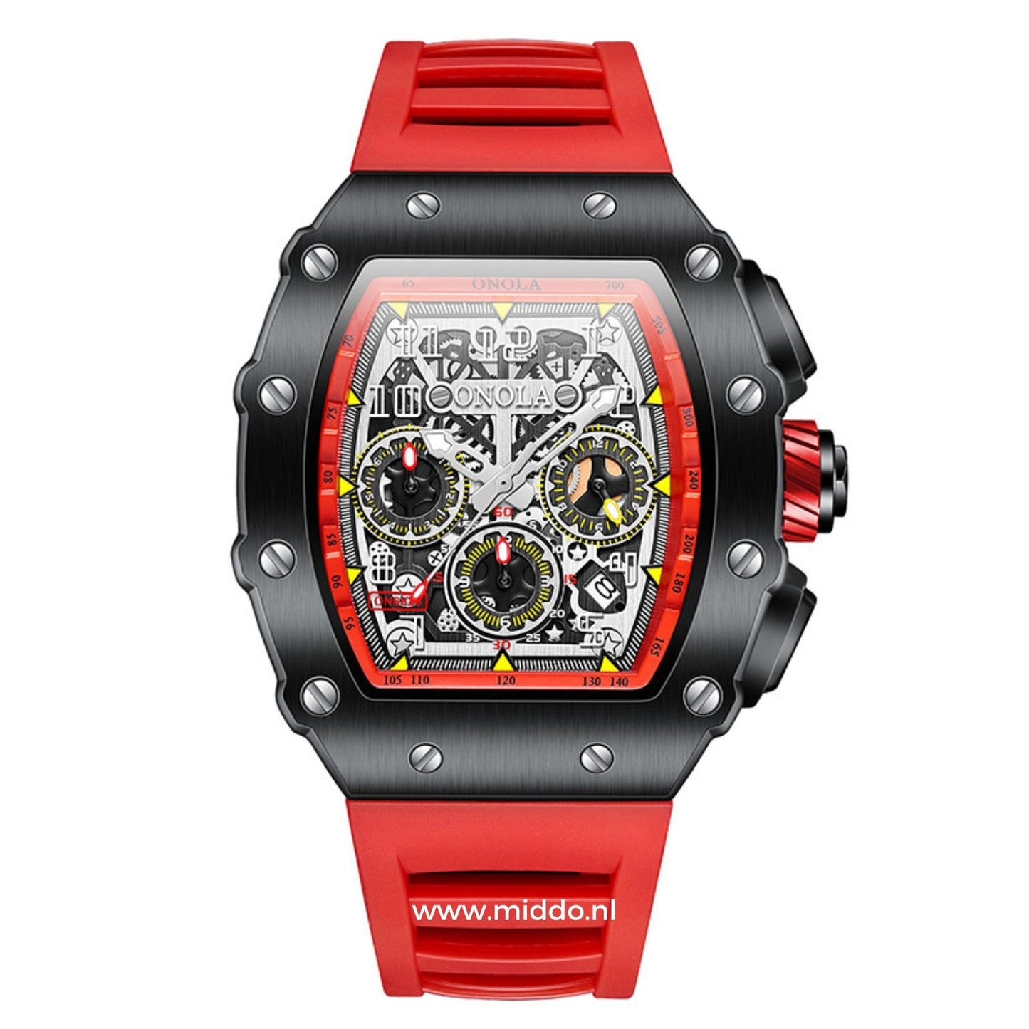 Sportief ONOLA horloge met rode band en zwarte kast