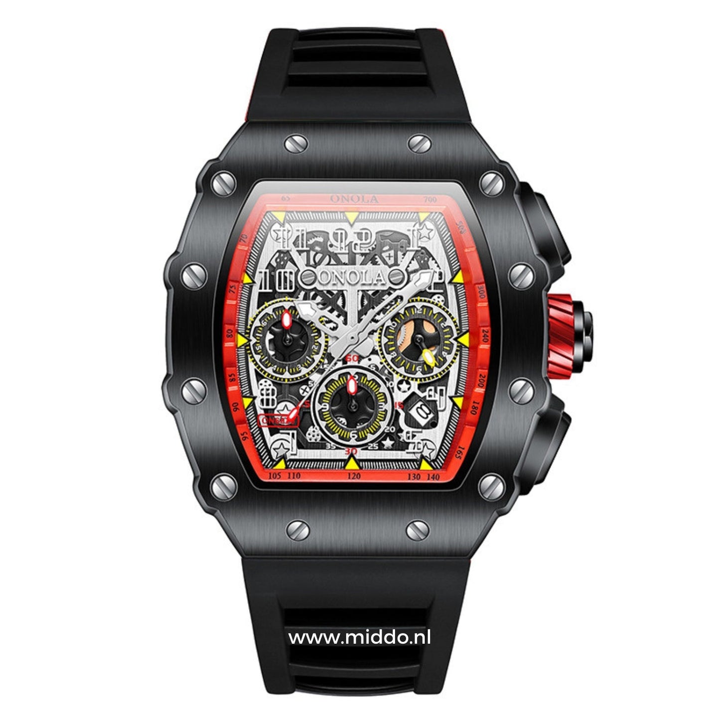 ONOLA horloge met zwart-rode kast en zwarte band
