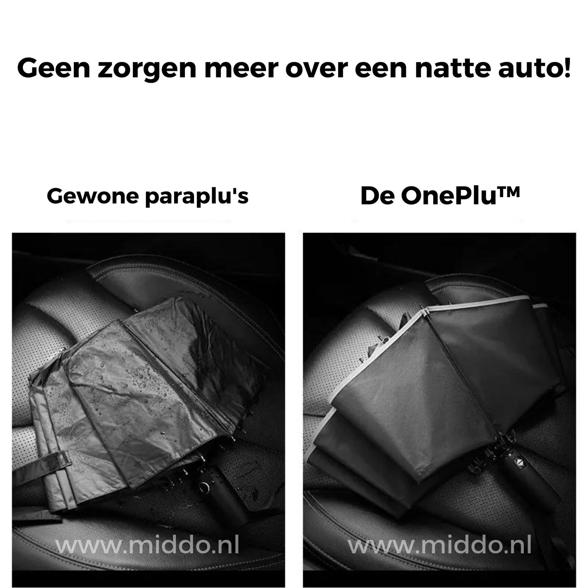 Vergelijking van gewone paraplu en OnePlu paraplu zonder natte auto-interieur