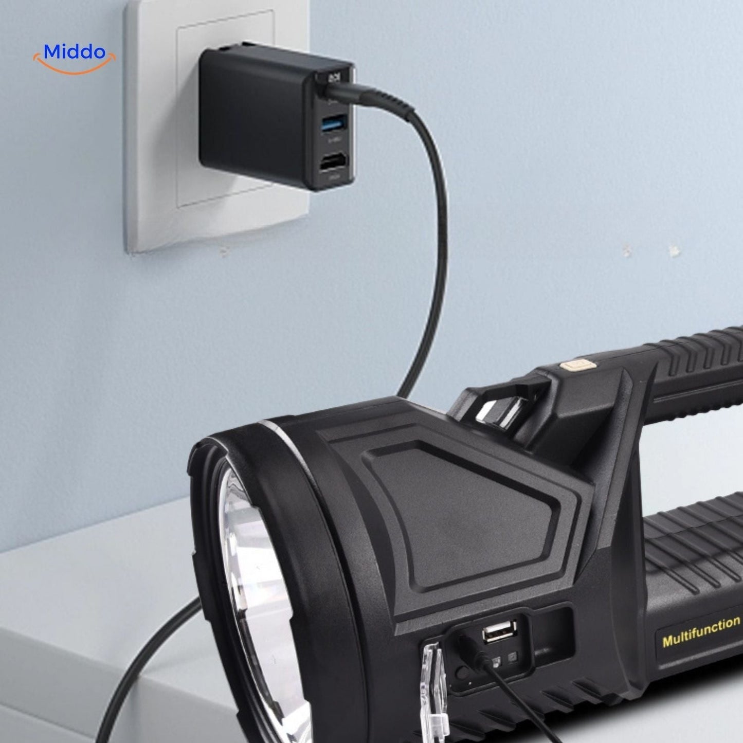 PowerBeam Zoeklicht oplaadbaar via stopcontact www.middo.nl
