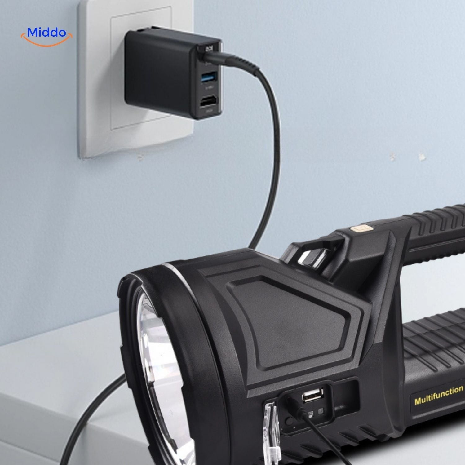 PowerBeam Zoeklicht oplaadbaar via stopcontact www.middo.nl