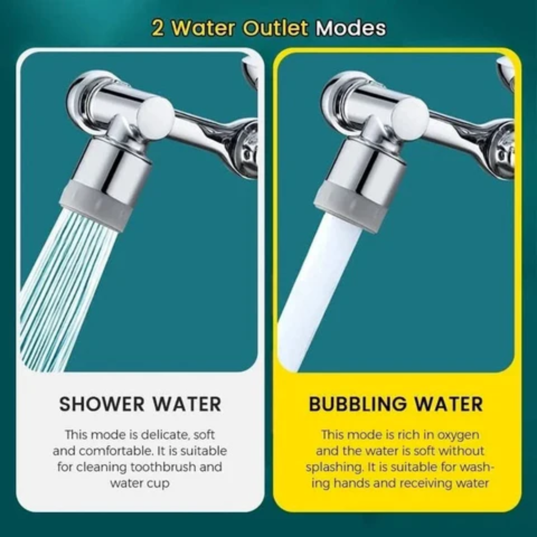 Kraan opzetstuk toont twee verschillende watermodes, douche en bubbel.