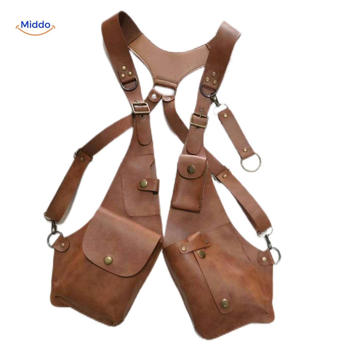 Steampunk Tote licht bruin lederen tas met hangen vakken www.middo.nl