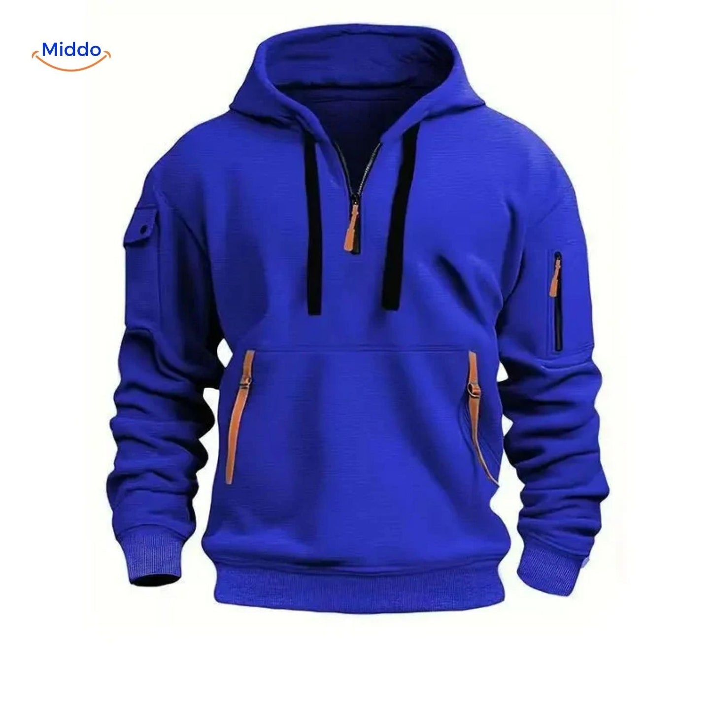 Thom Hooded Pullover comfortabel blauw met oranje ritsen www.middo.nl