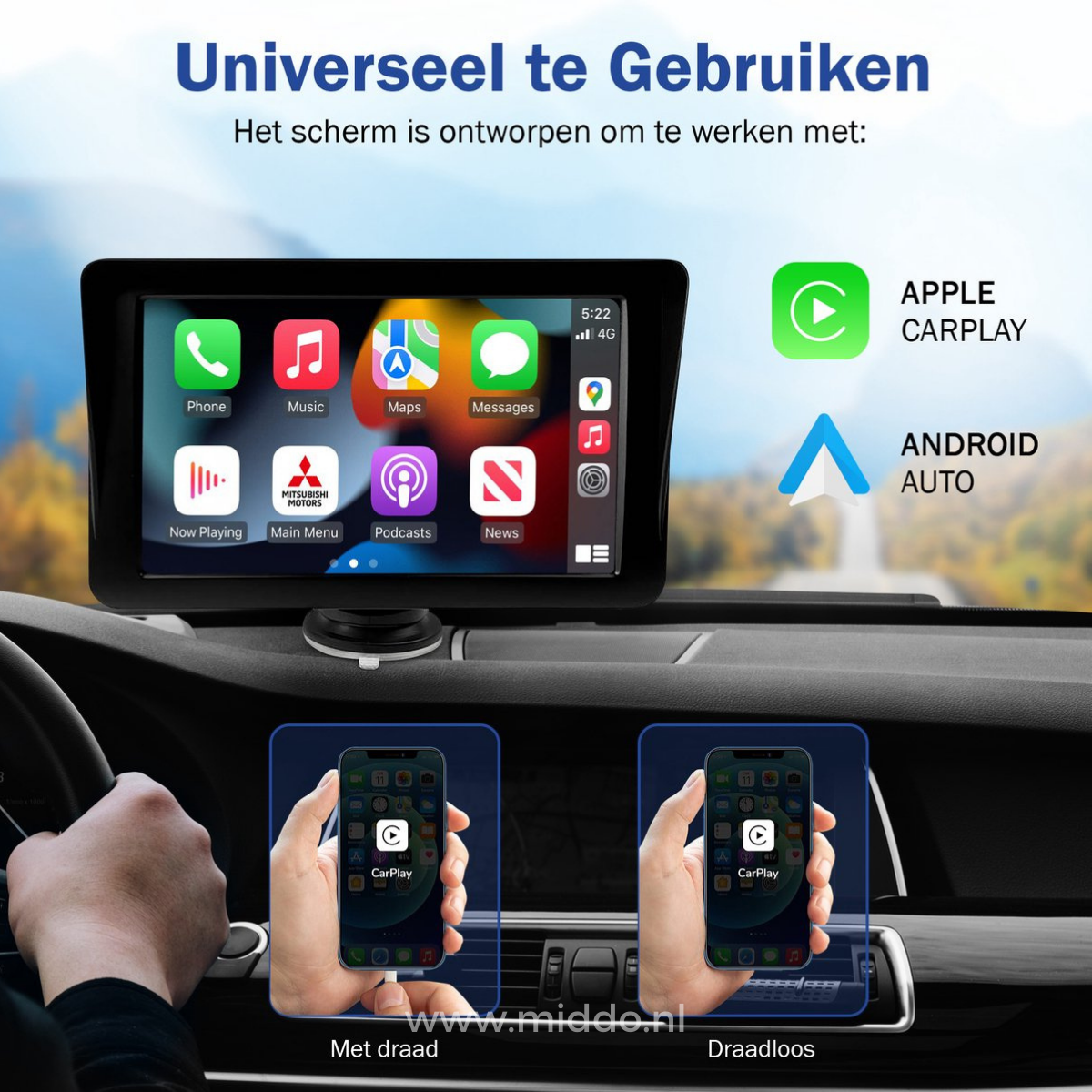 Carplay die op het dashboard staat met daaronder twee foto's van dat je zonder en met  kabel kan werken.