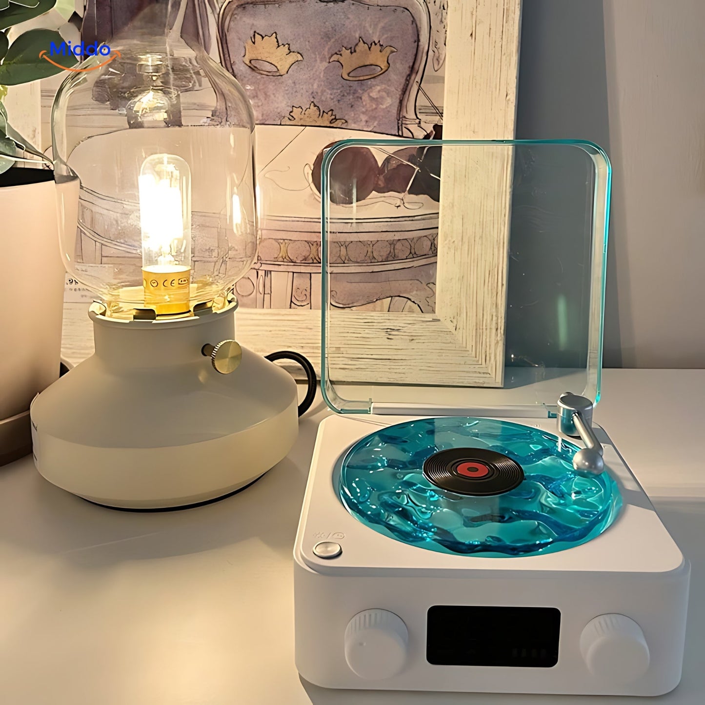 Witte Vinyl Sterrenhemel Platenspeler op bureau www.middo.nl
