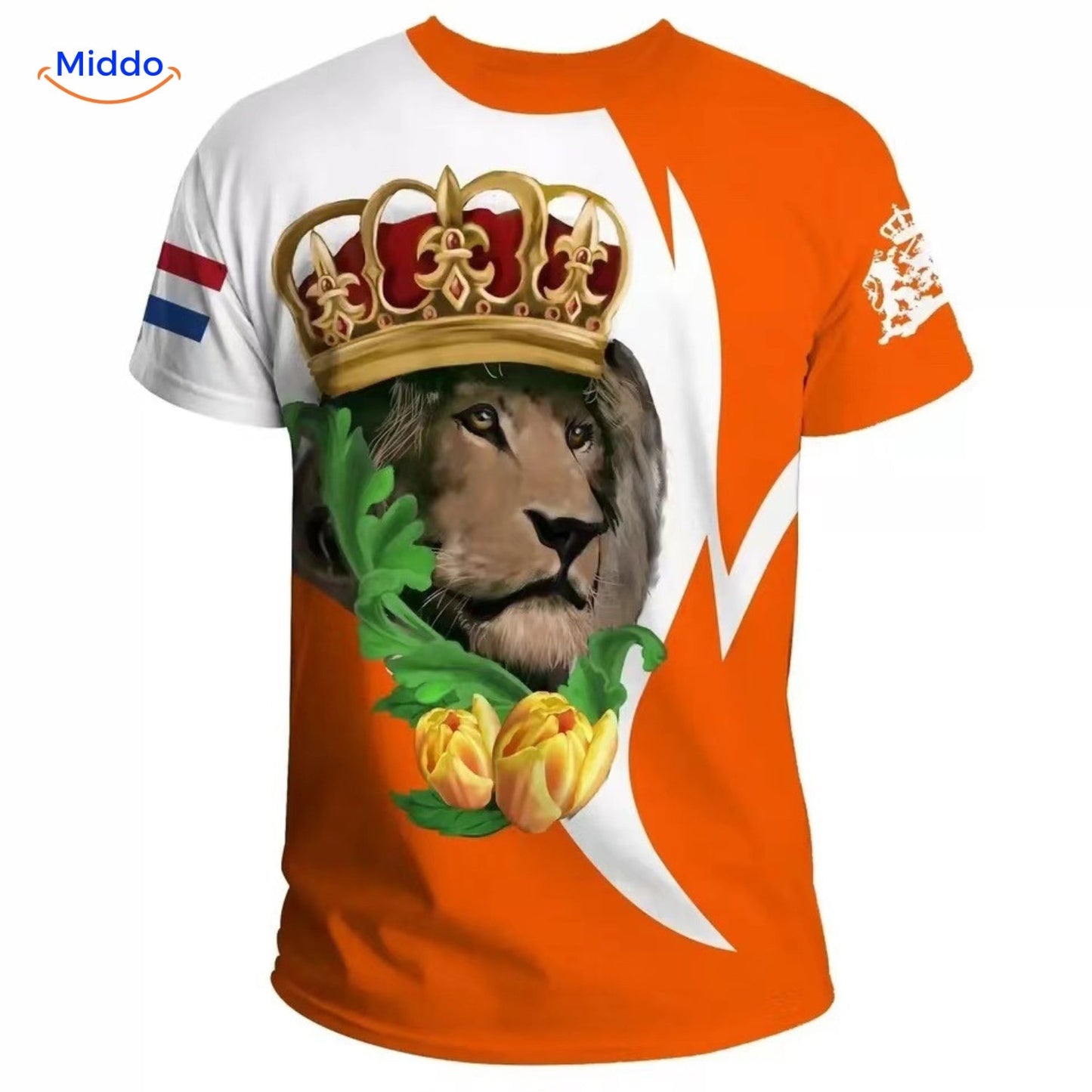 Oranje T-shirt met koninklijk portret, vieren van Nederlandse sport en cultuur.