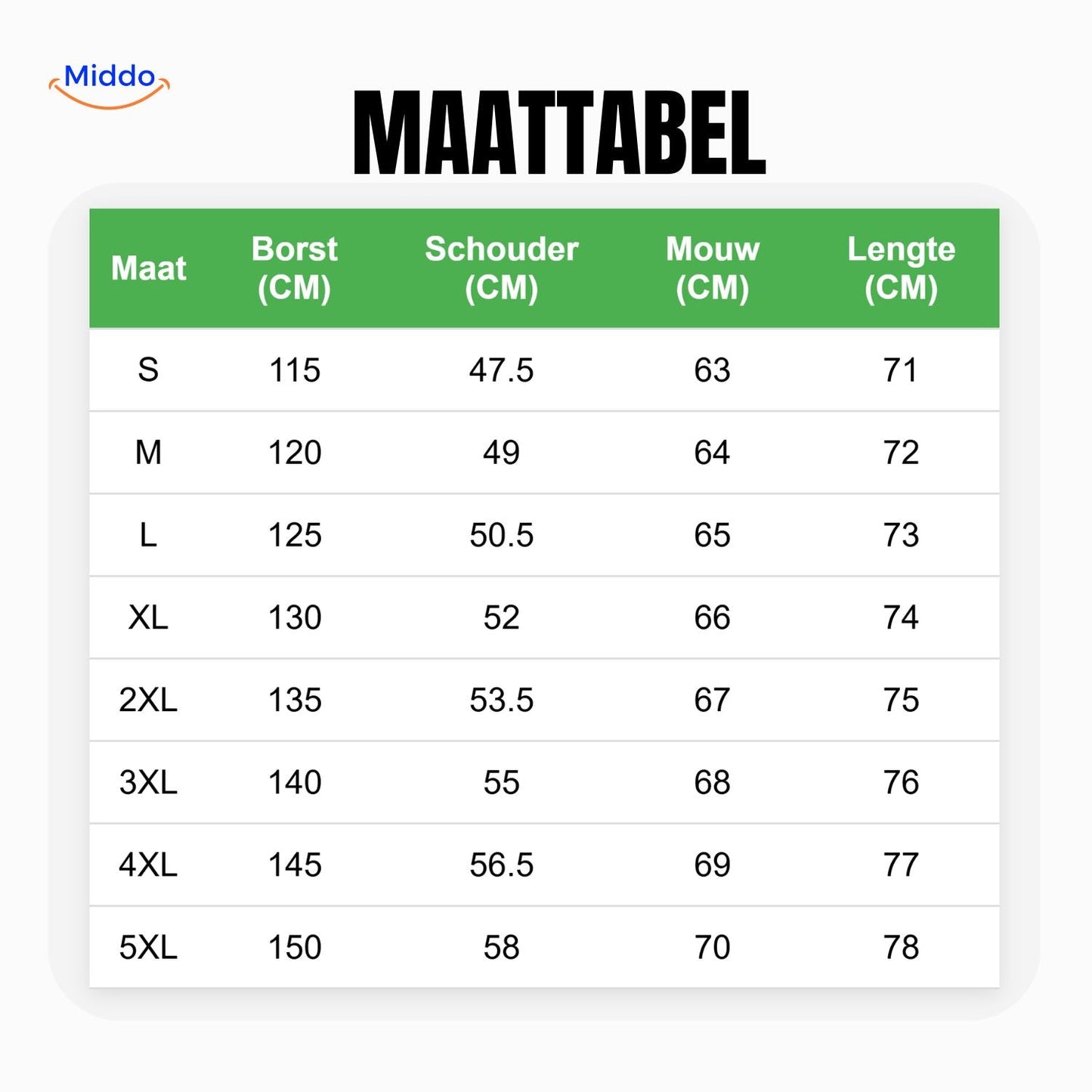 WinterFlex Herenjas maattabel