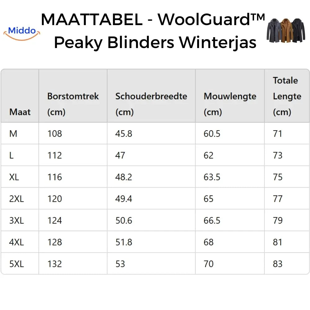 Maattabel van de Winterjas van Middo Peaky Blinders Stijl