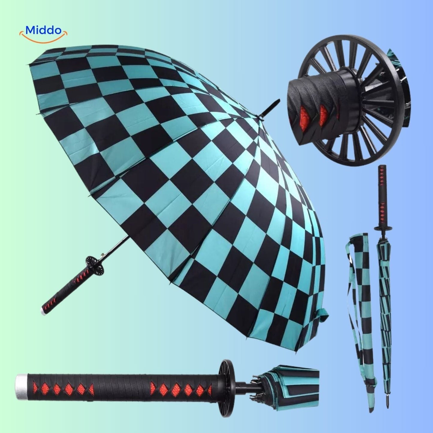 ZenBrella animeparaplu opgevouwen rode en patroongeprint paraplu met blauw wit handvat middo.nl