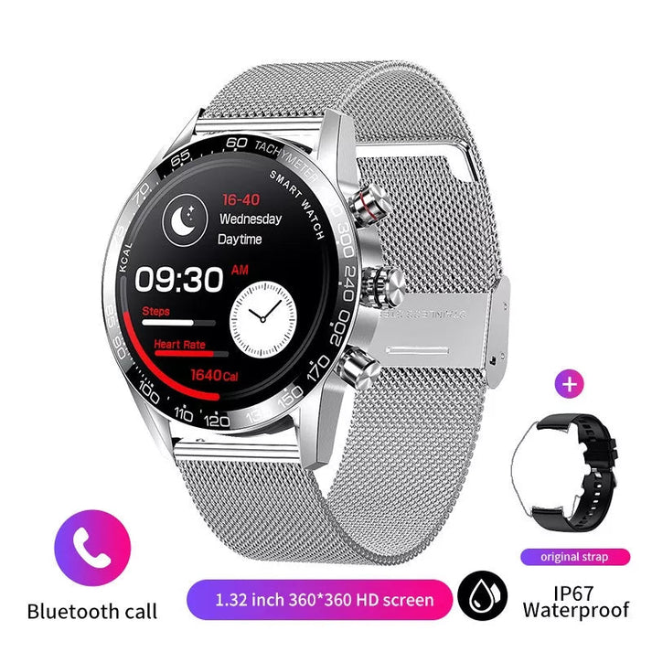 Een zilveren smart watch horloge met zwarte wijzerplaat en met de aanduiding van tijd, stappenteller en hartslag met een zilveren metalen horlogeband.