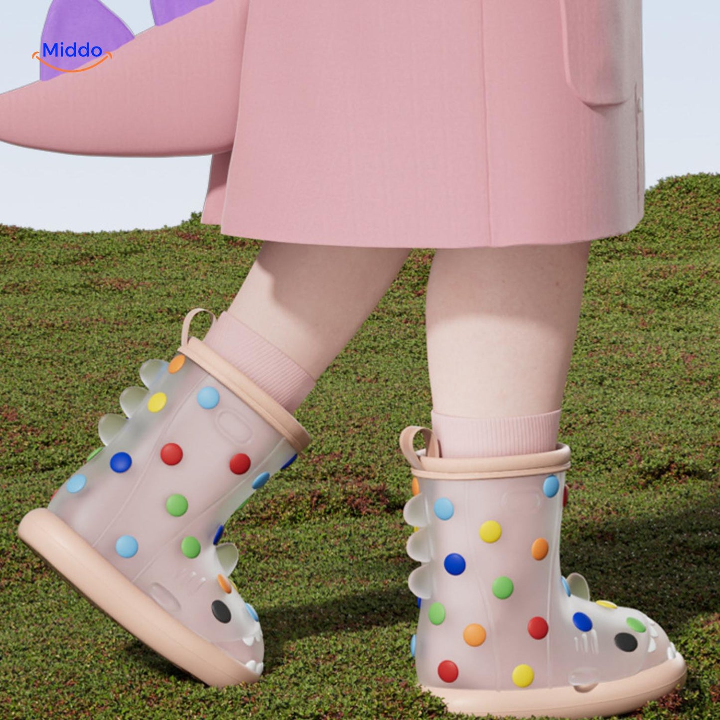 Zureto Shark Regenlaarzen kind met roze regenjas en gekleurde stippen laarzen
