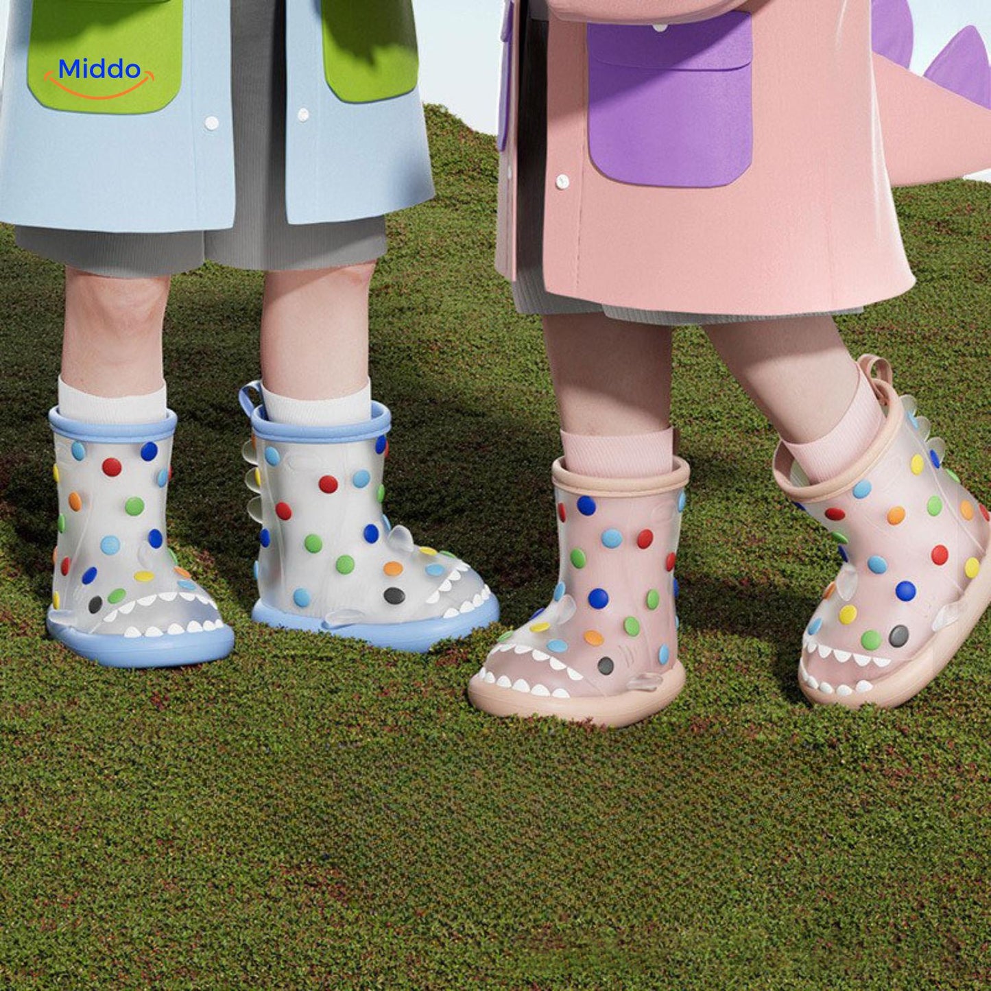 Zureto Shark Regenlaarzen kind met roze regenjas en gekleurde stippen laarzen