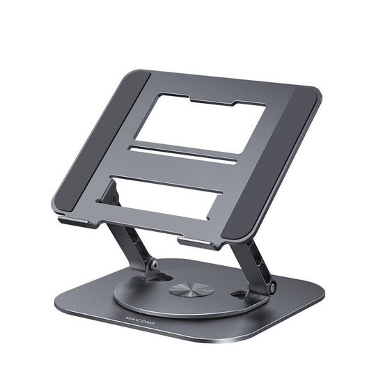 Grijze laptopstandaard met verstelbare en opvouwbare armen.