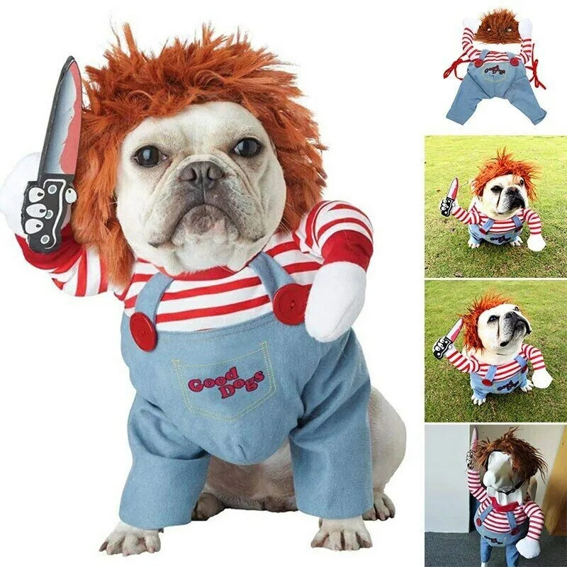 Bulldog in griezelig popkostuum met rood haar en mes, verschillende poses.