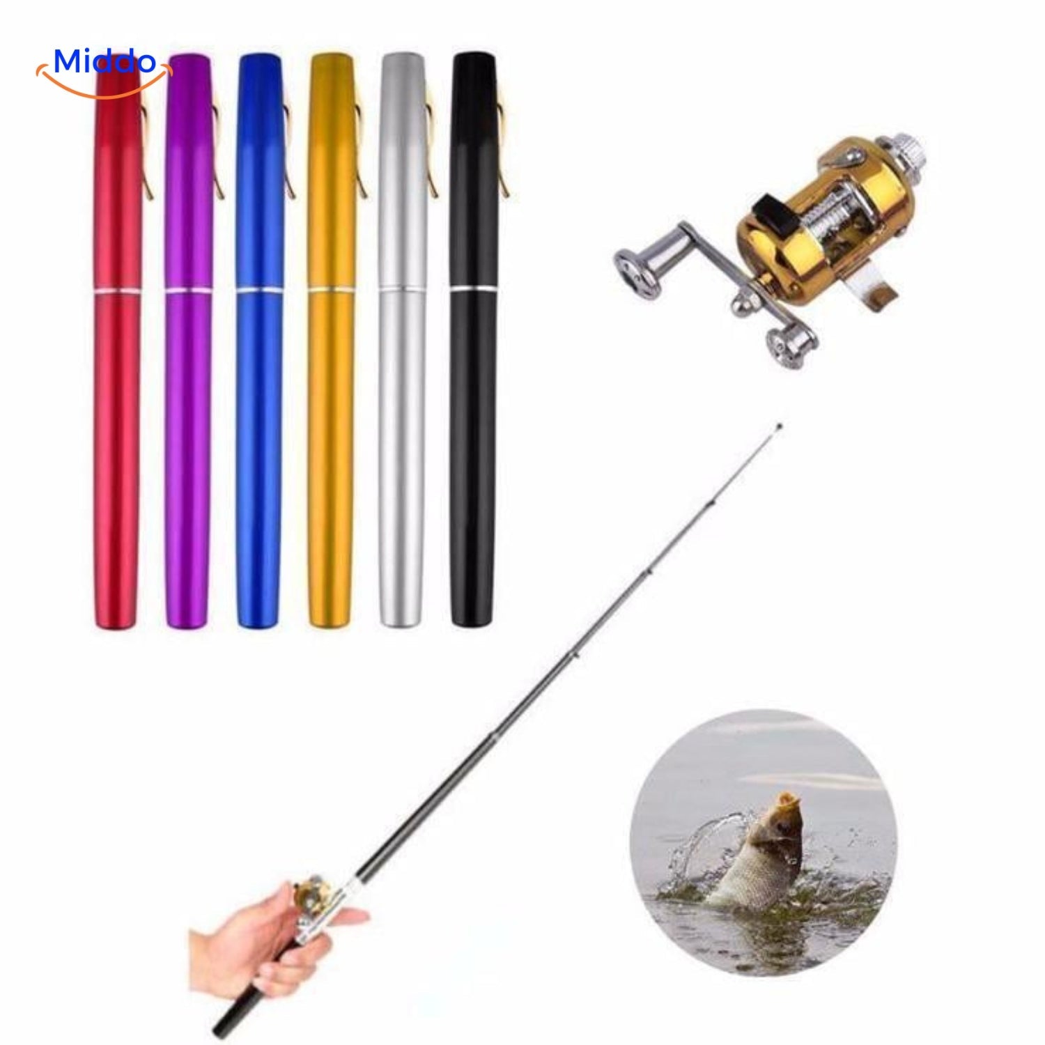 Verschillende kleuren PocketPro™ hengels met vismolen en vis.