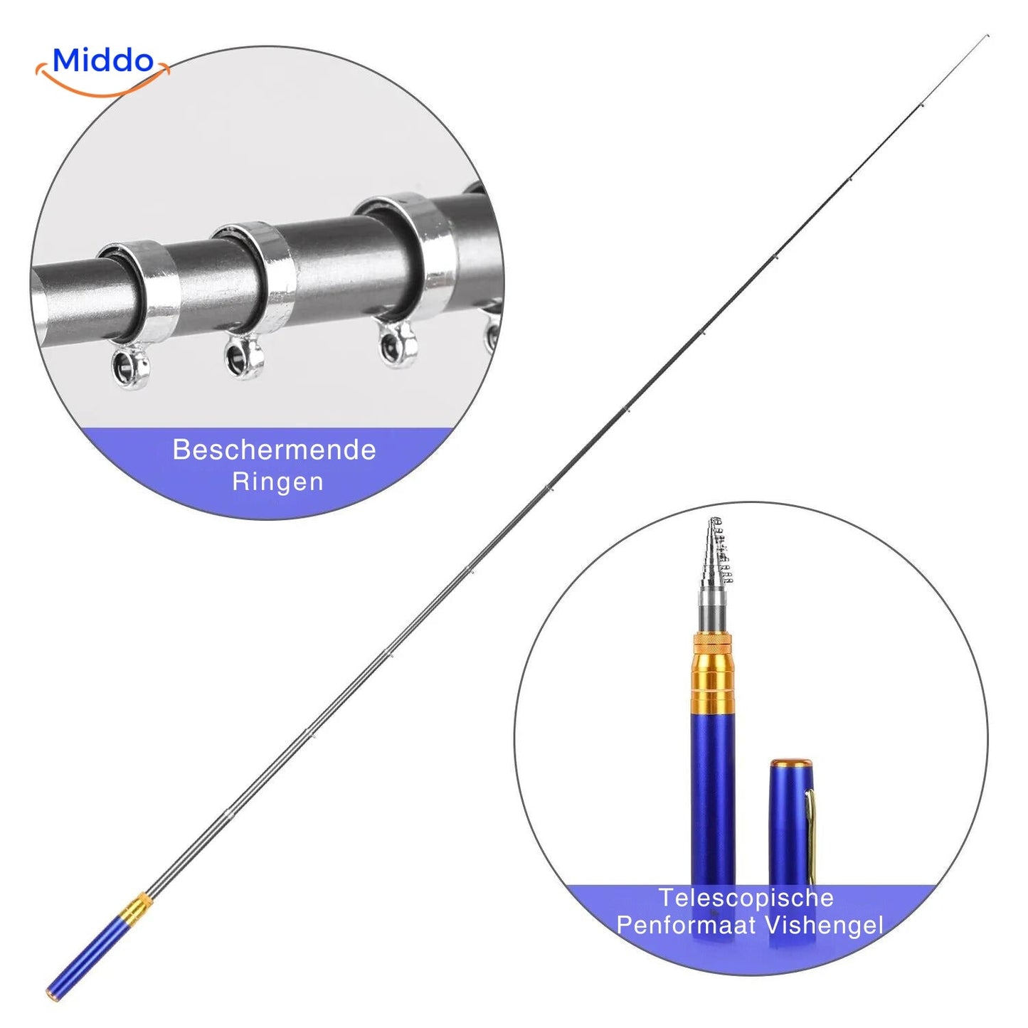 PocketPro™ telescopische hengel met beschermende ringen en penformaat.