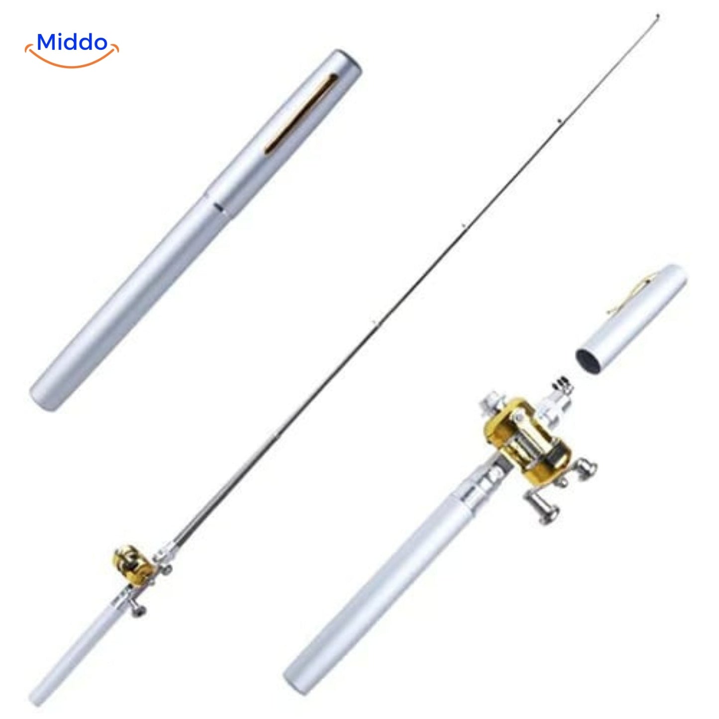 Zilveren PocketPro hengel set met reel, ultra-compact en draagbaar.