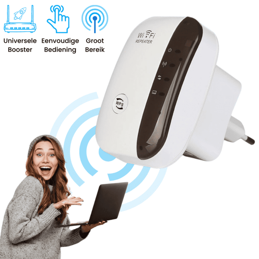 Close-up van WiFi-repeater met statusindicatoren en WPS-knop