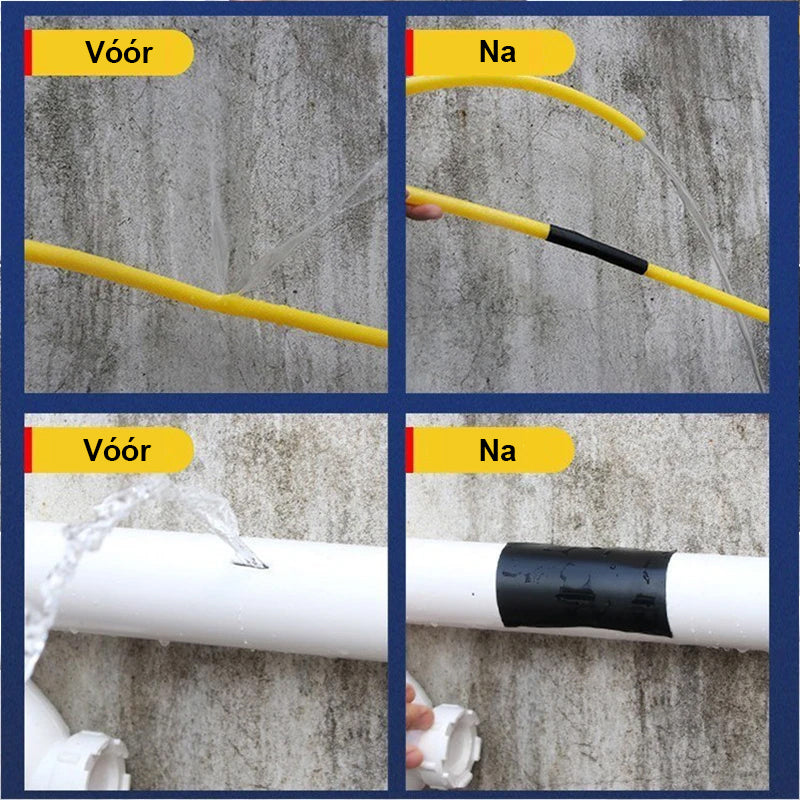 Voor en na gebruik van watervaste tape op gele slang.