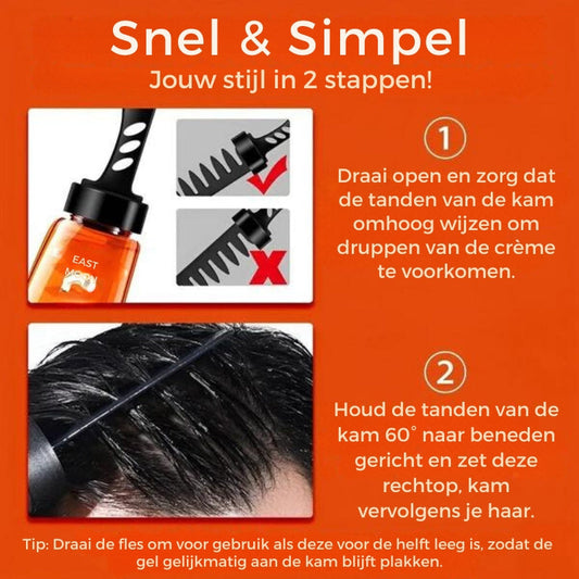 Foto van hoe je de Hair Gel aanbrengt met bijgeleverde kam.