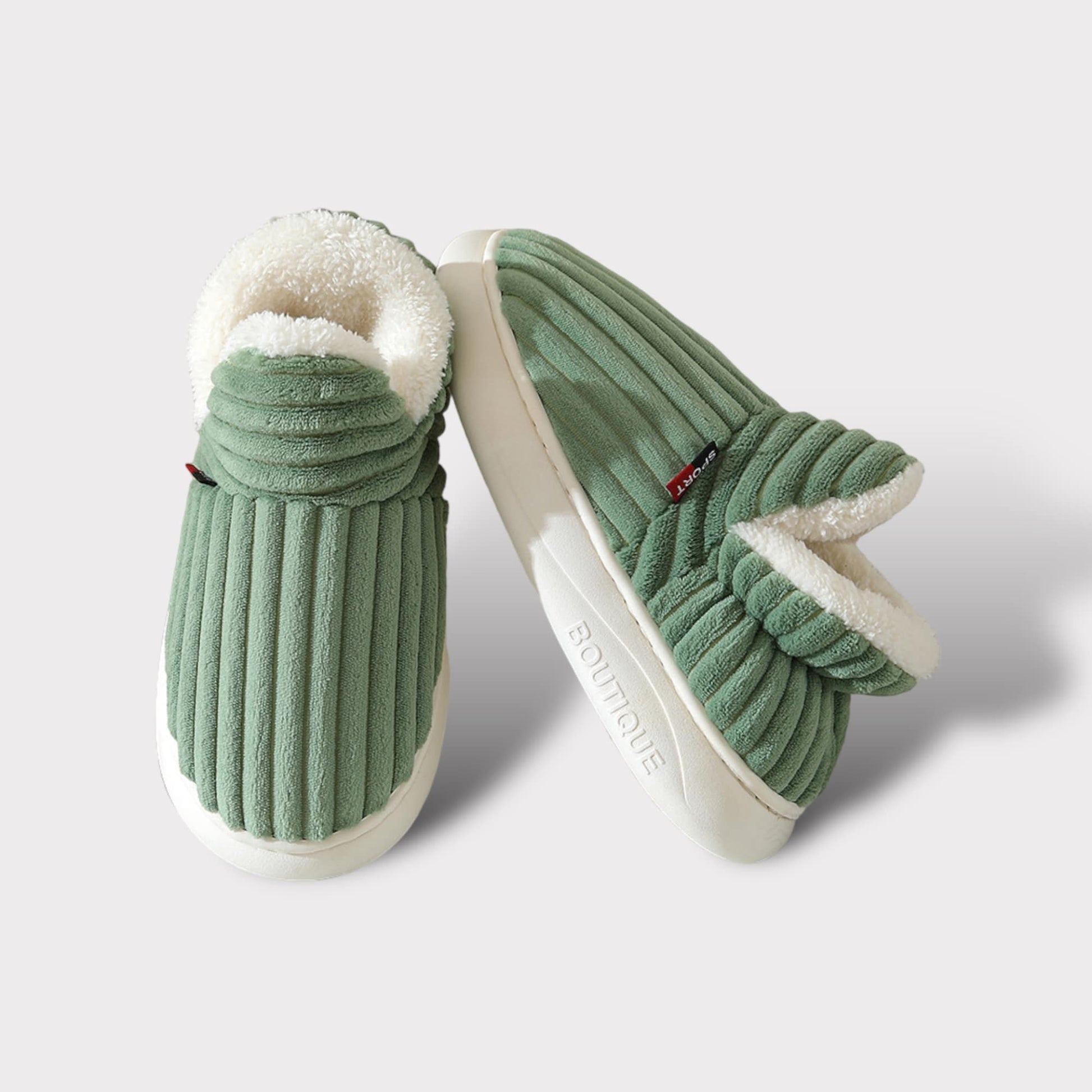 Groene CozyComfort  pantoffels met witte fleece voering en witte rubberen zool