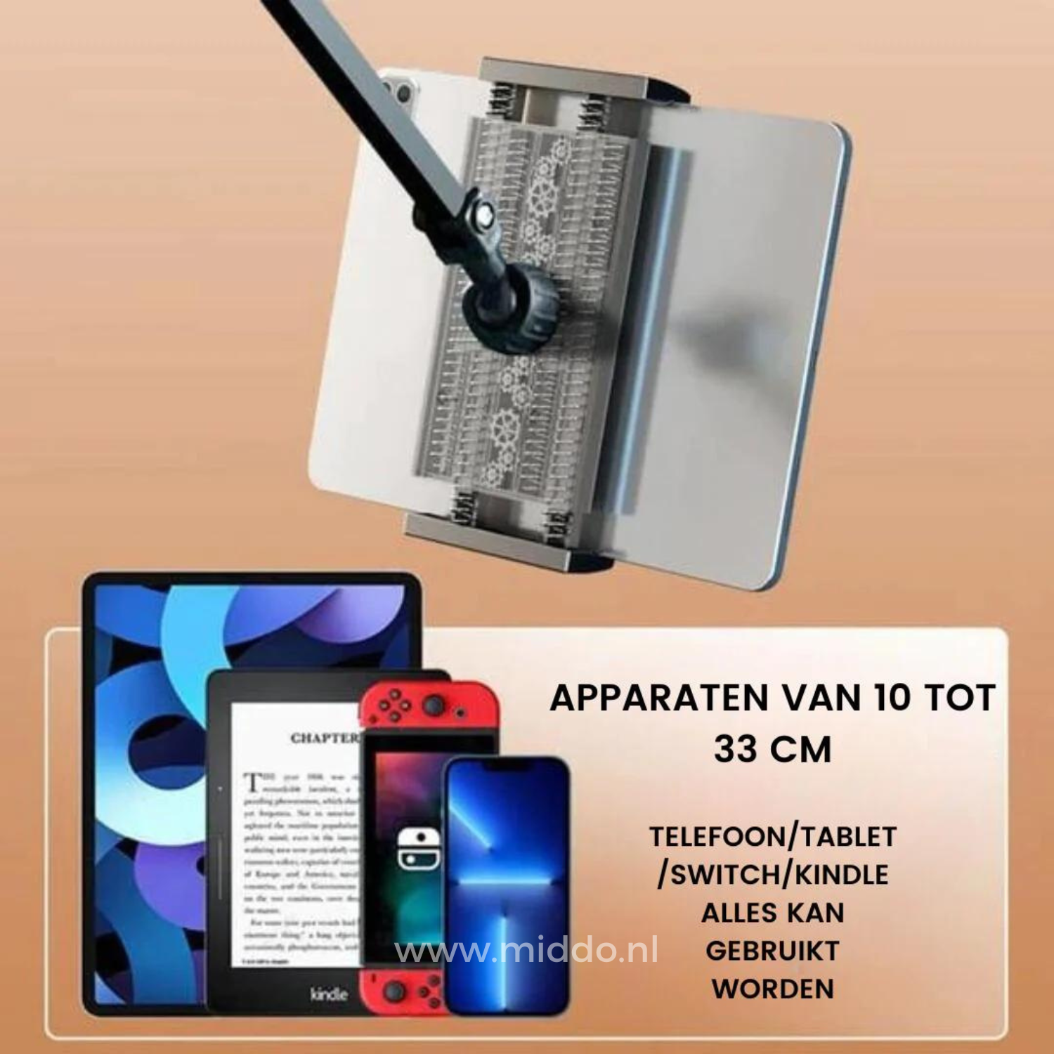 FlexArm houdt verschillende apparaten vast, waaronder een telefoon, tablet, Switch en Kindle.