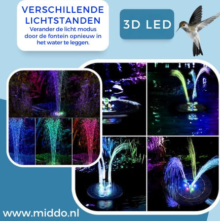 Verschillende lichtstanden van een fontein met kleurrijke LED-verlichting.